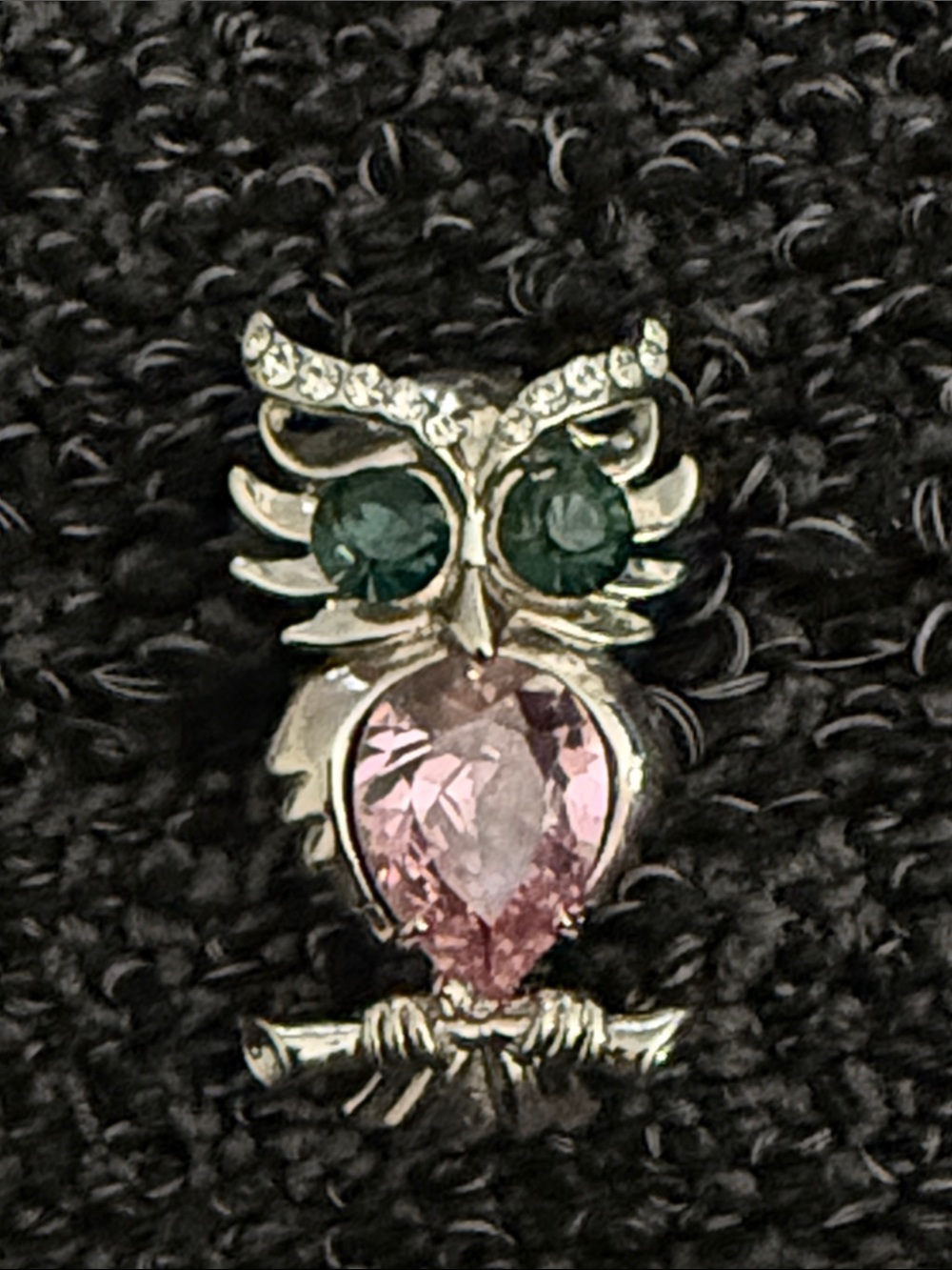 Fashion Jewelry Silver-Tone Owl Brooch with Pink and Green Stones